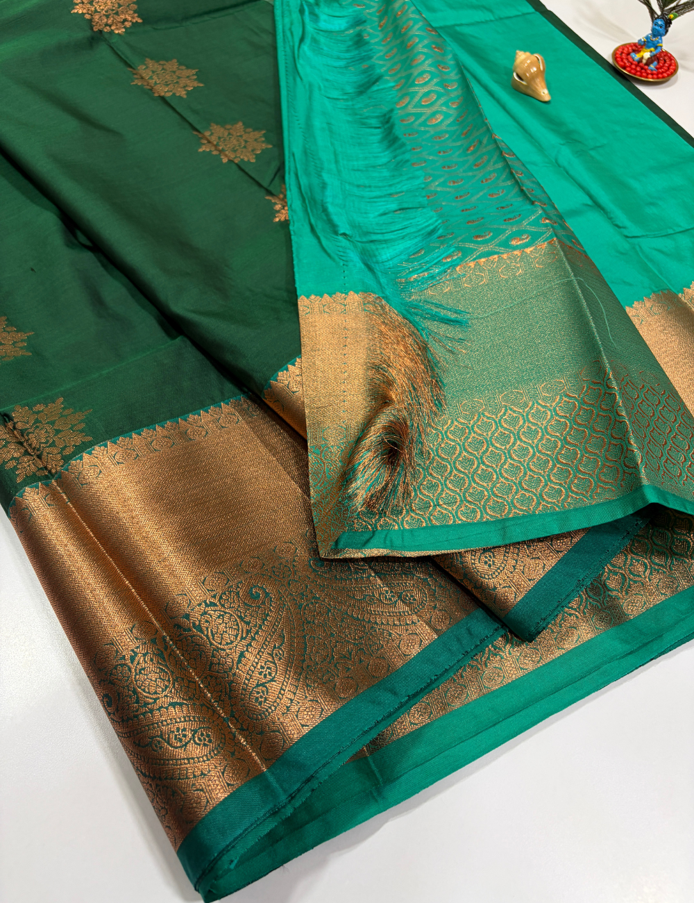 Bottle Green Semi Soft Silk Saree with Kanchi Border | Emerald Green Pallu & Blouse
