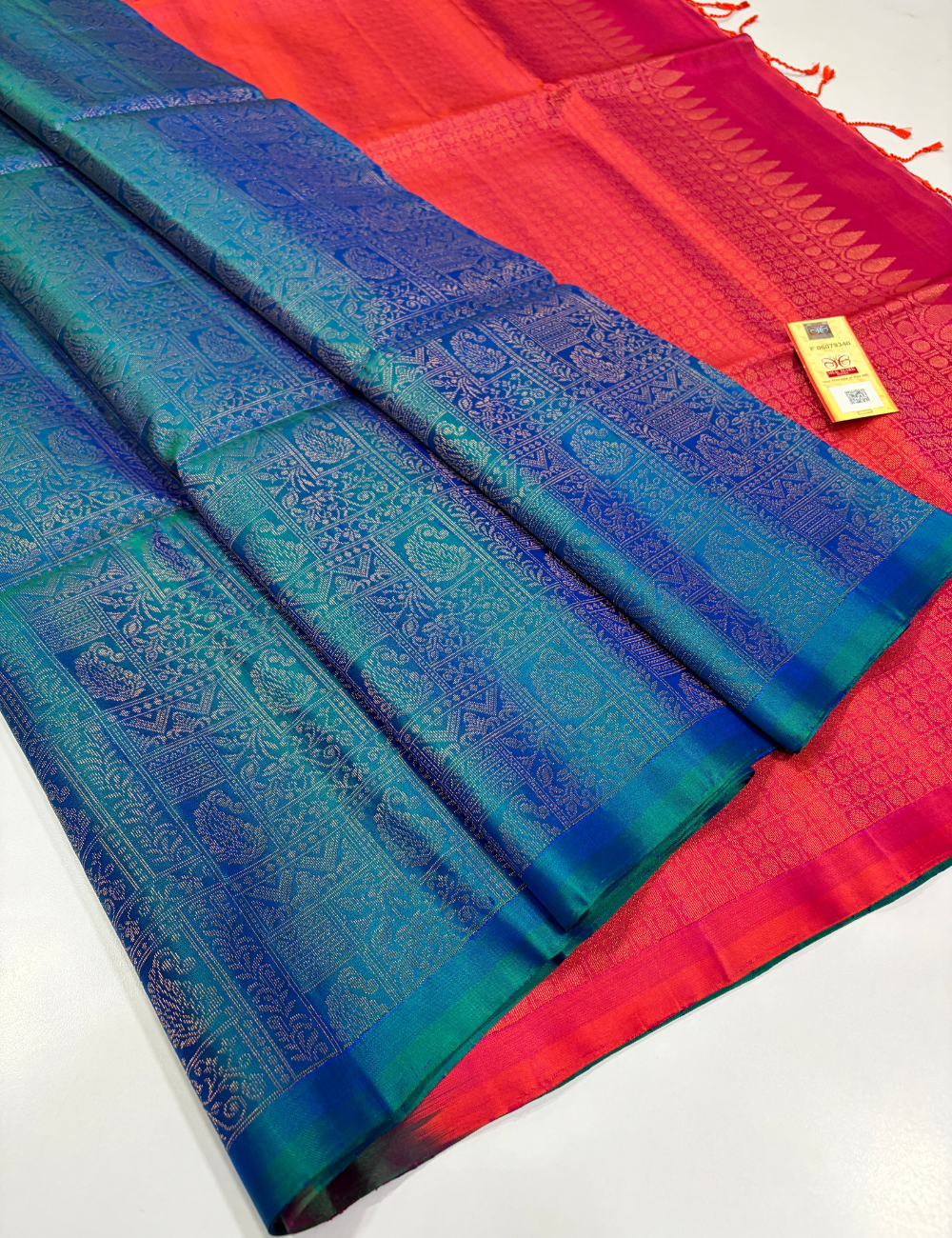 Dual Tone Teal Blue & Peacock Blue Full Brocade Soft Silk Saree with Orangish Pink Pallu