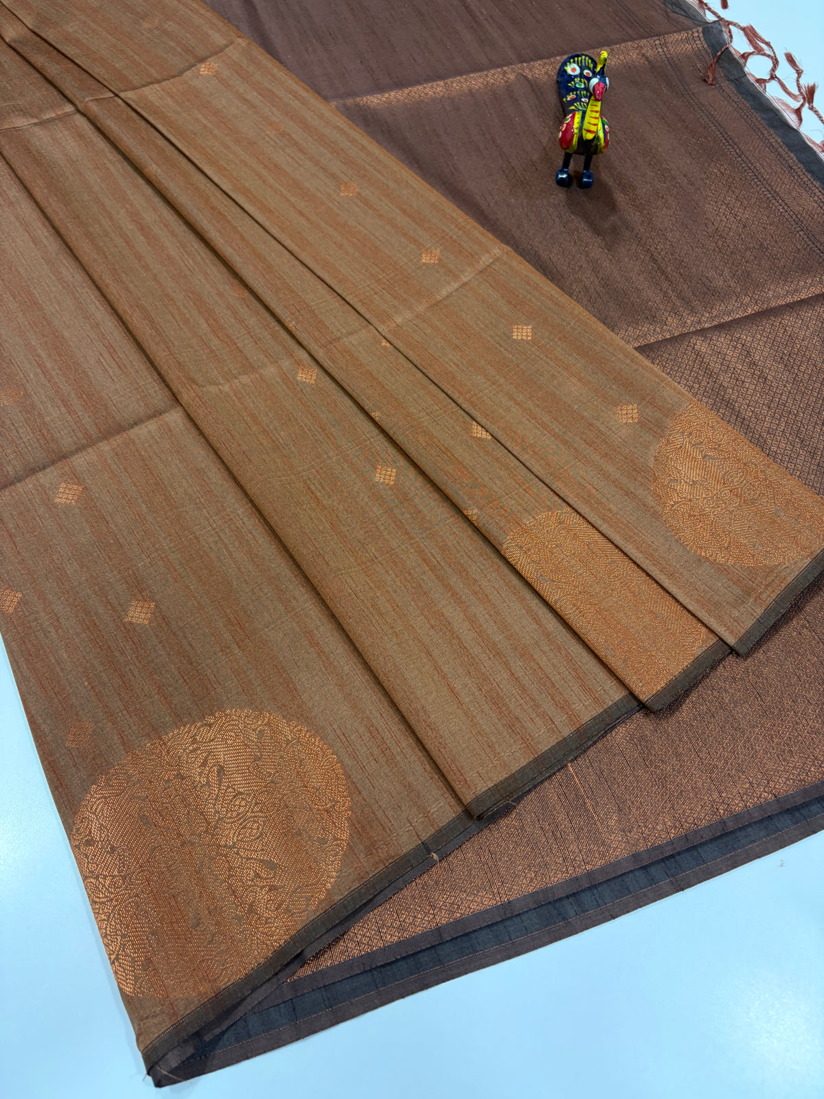 Warm Mocha Brown with Deep Coffee Brown Contrast – Handloom Semi Raw Softsilk Saree