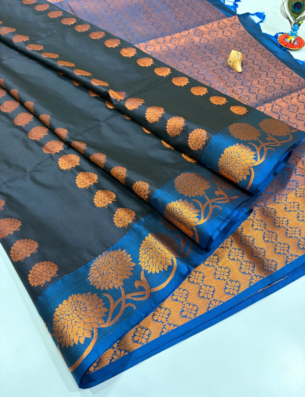 Black Semi Soft Silk Saree with Kanchi Border | Royal Blue Pallu & Blouse