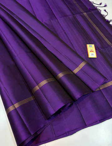 Rich Violet Purple Handloom Pure Soft Silk Saree with Gold Zari Lines & Matching Blouse | Silk Mark Certified