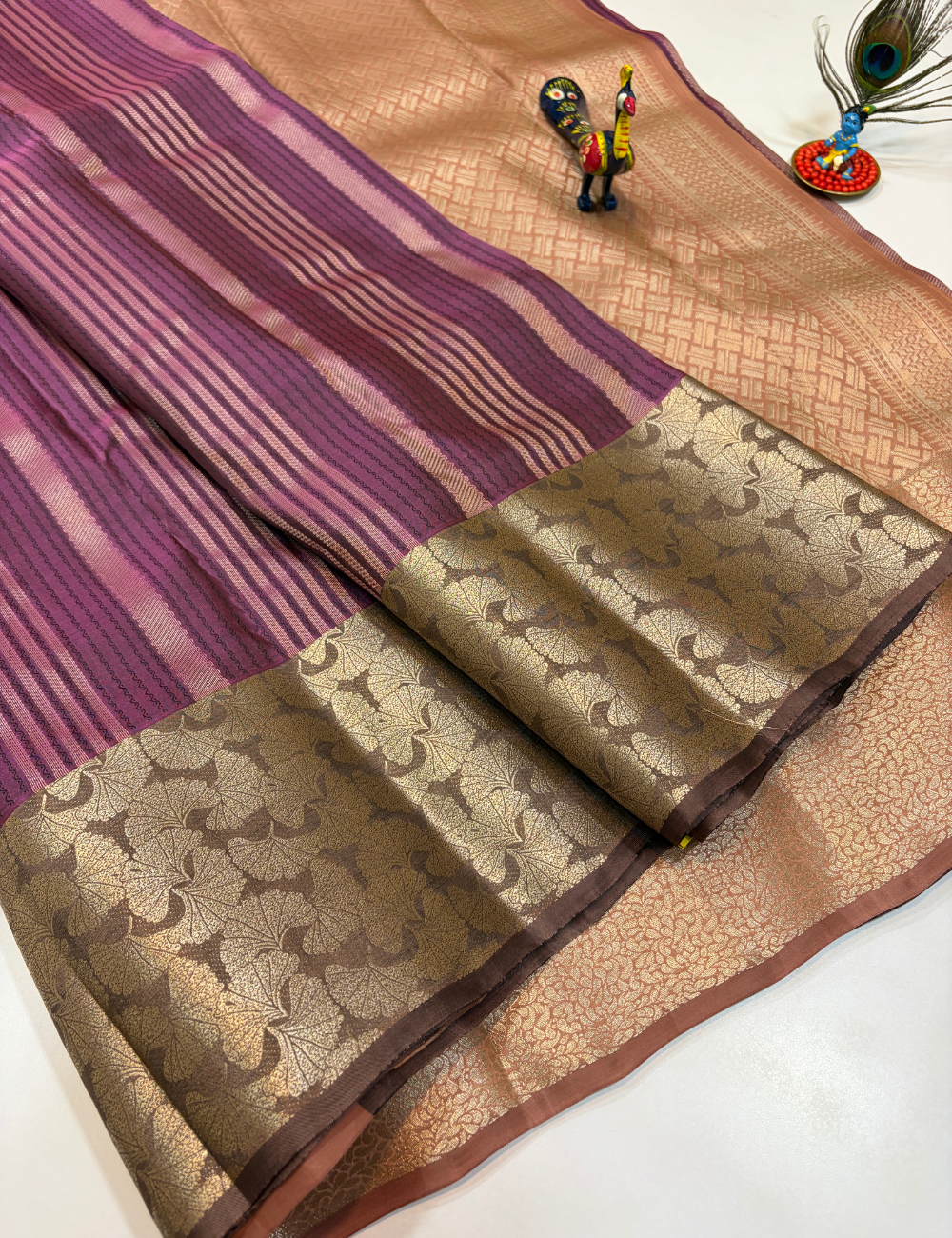 50% Pure Mix Silk Saree – Dusty Rose Gold with Mauve Purple Pallu & Antique Gold Brocade Border