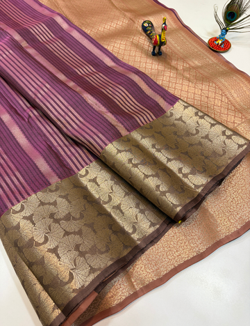 50% Pure Mix Silk Saree – Dusty Rose Gold with Mauve Purple Pallu & Antique Gold Brocade Border