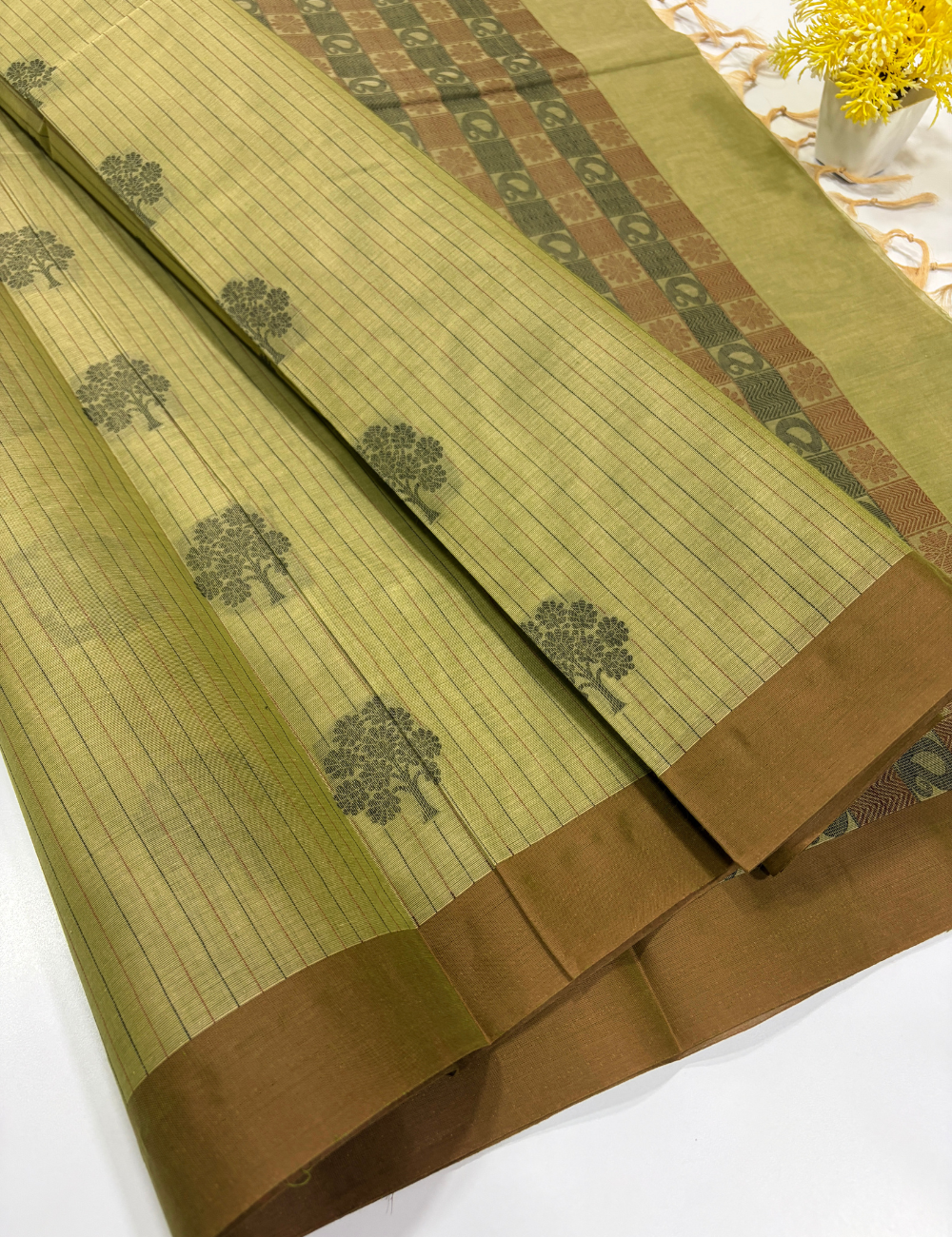Negamam Handloom Pure Cotton Saree – Olive Green with Brown Tree Motifs