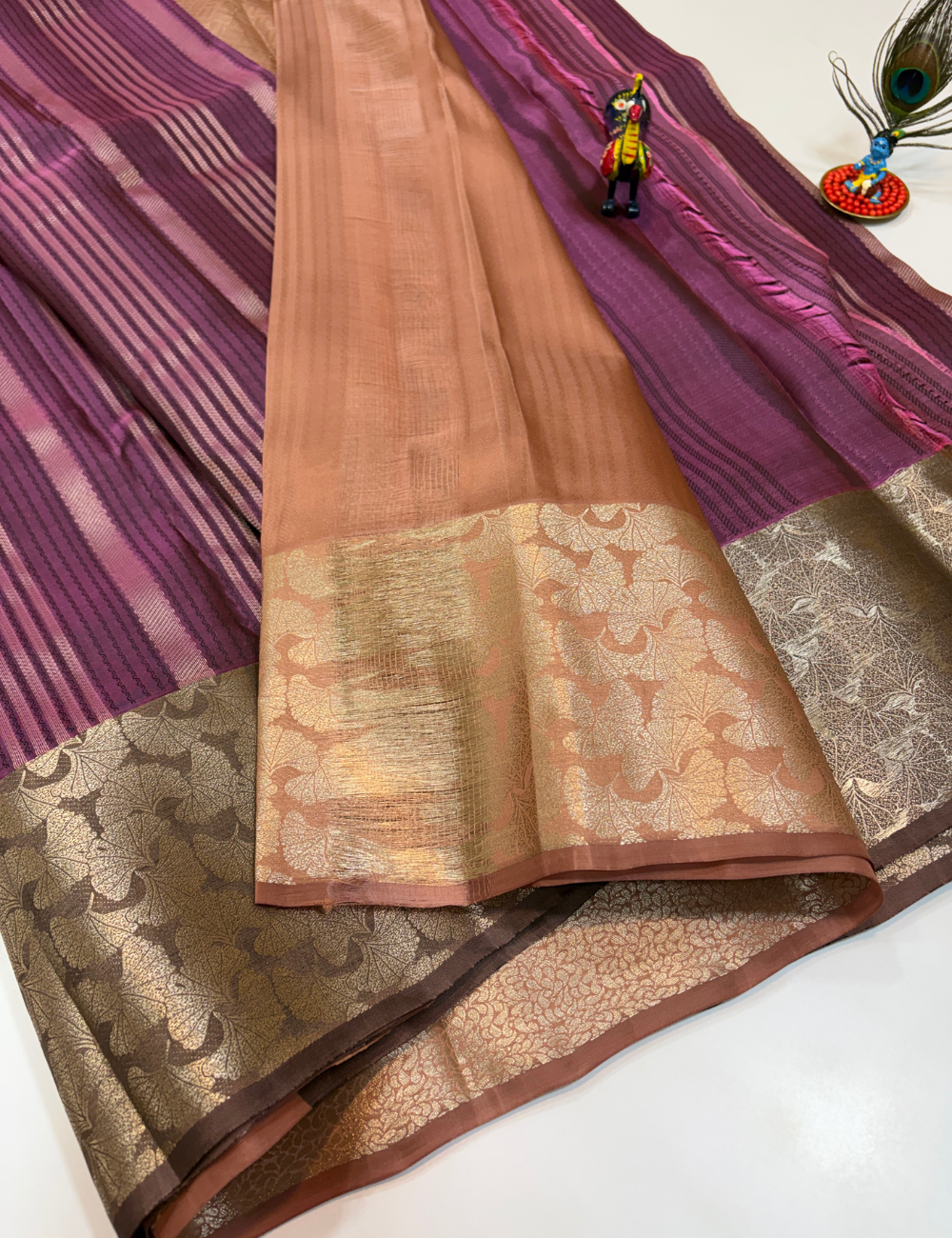 50% Pure Mix Silk Saree – Dusty Rose Gold with Mauve Purple Pallu & Antique Gold Brocade Border