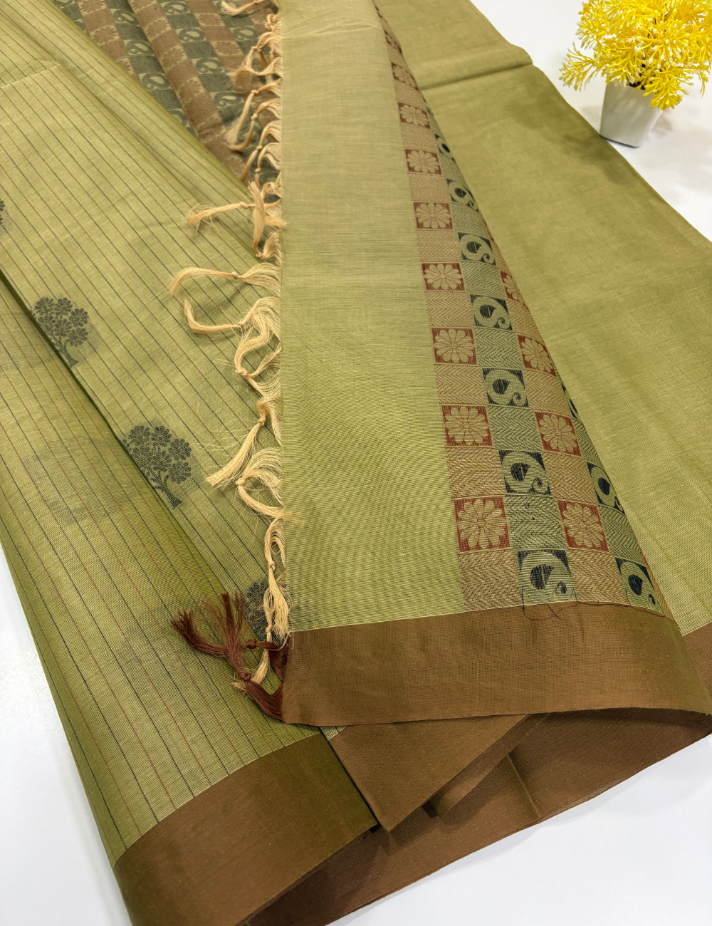 Negamam Handloom Pure Cotton Saree – Olive Green with Brown Tree Motifs