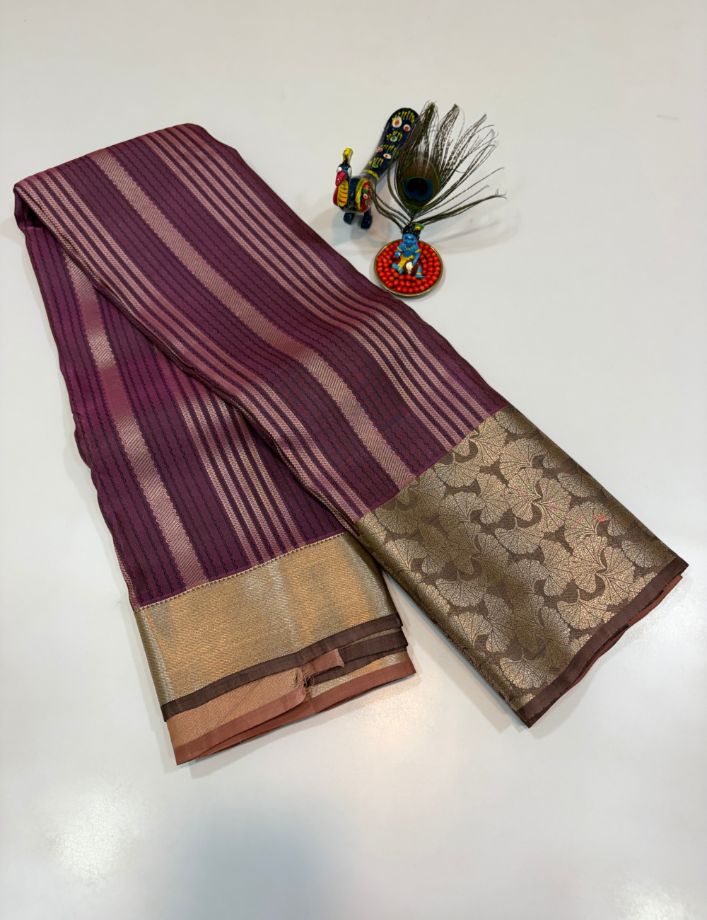 50% Pure Mix Silk Saree – Dusty Rose Gold with Mauve Purple Pallu & Antique Gold Brocade Border