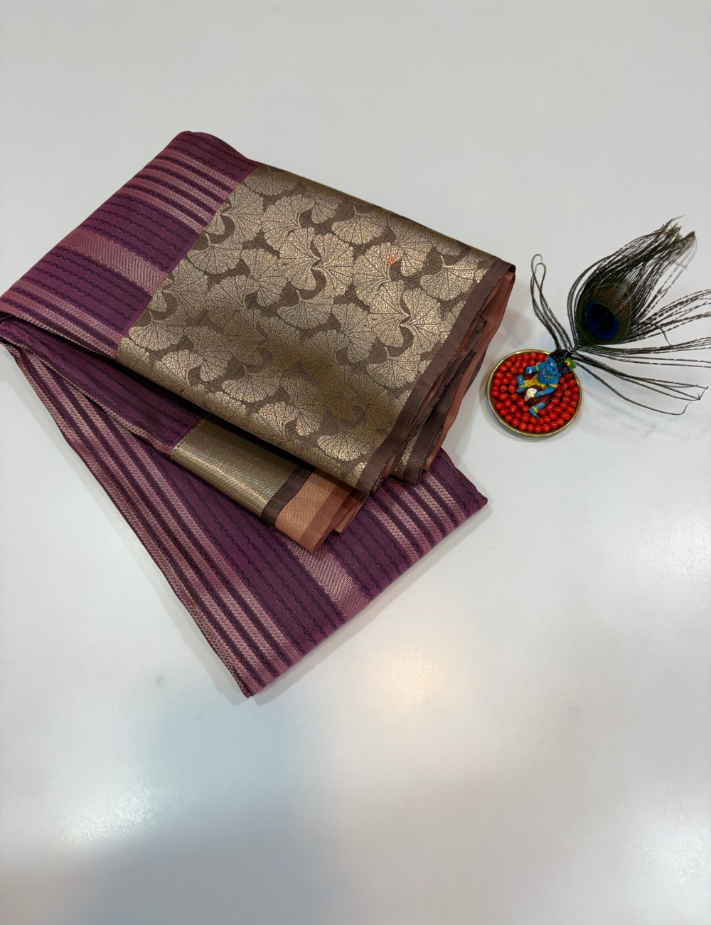 50% Pure Mix Silk Saree – Dusty Rose Gold with Mauve Purple Pallu & Antique Gold Brocade Border