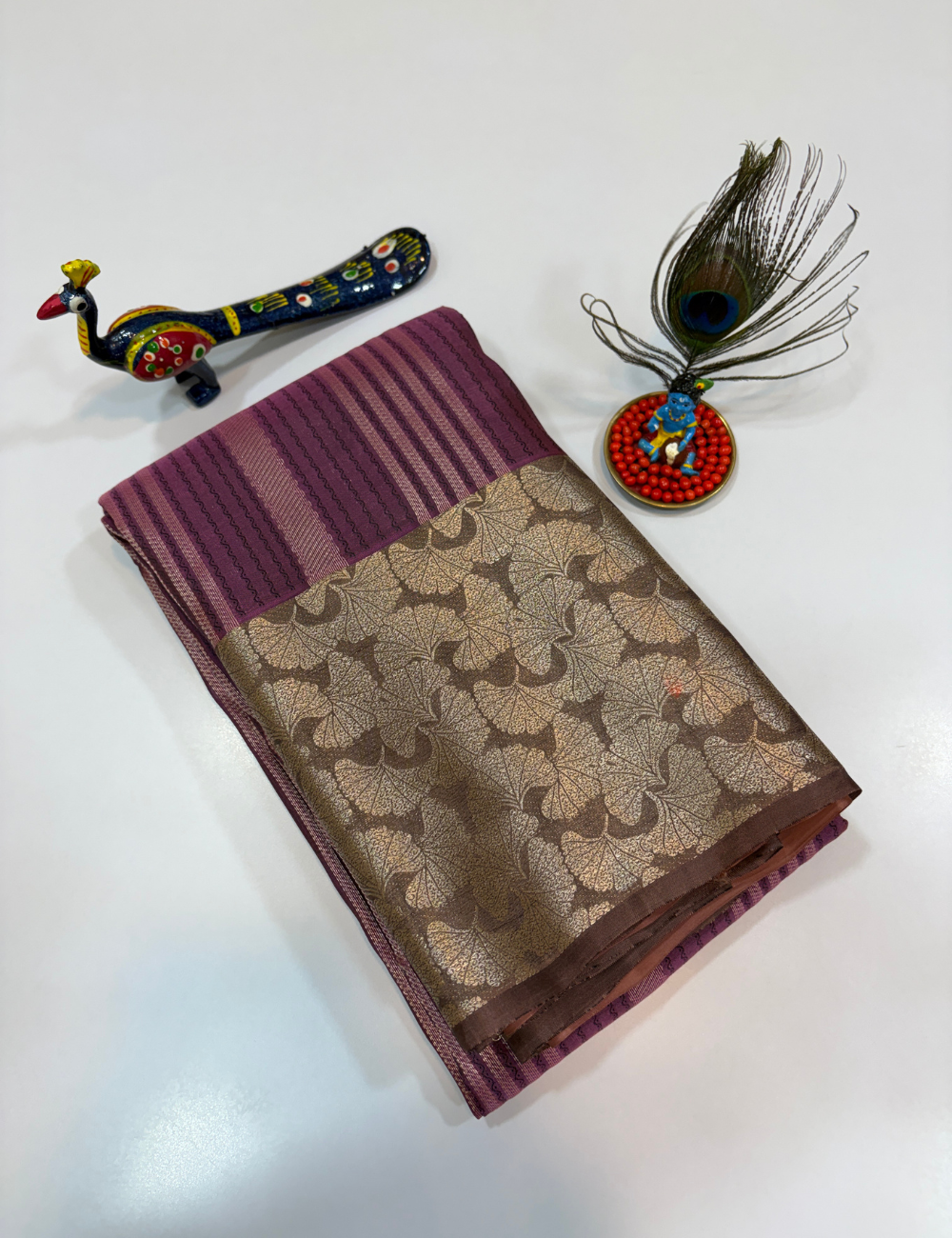 50% Pure Mix Silk Saree – Dusty Rose Gold with Mauve Purple Pallu & Antique Gold Brocade Border
