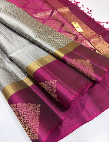 Raindrop Design Contrast Border Meena Butta Handloom Pure Soft Silk Saree – Grey & Wine