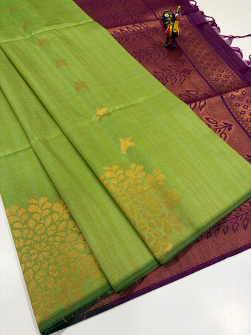 Pistachio Lime Green with Deep Wine Purple Semi Raw Softsilk Saree – Borderless Handloom Saree