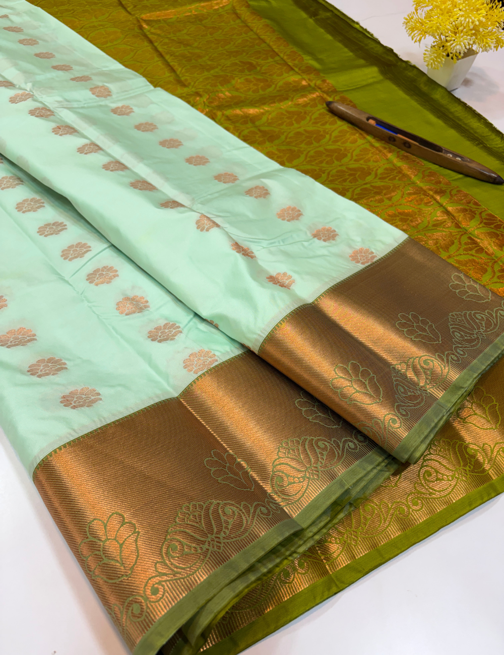 Handloom Ice Blue Semi Soft Silk Saree with Kanchi Border | Olive Green Pallu & Blouse