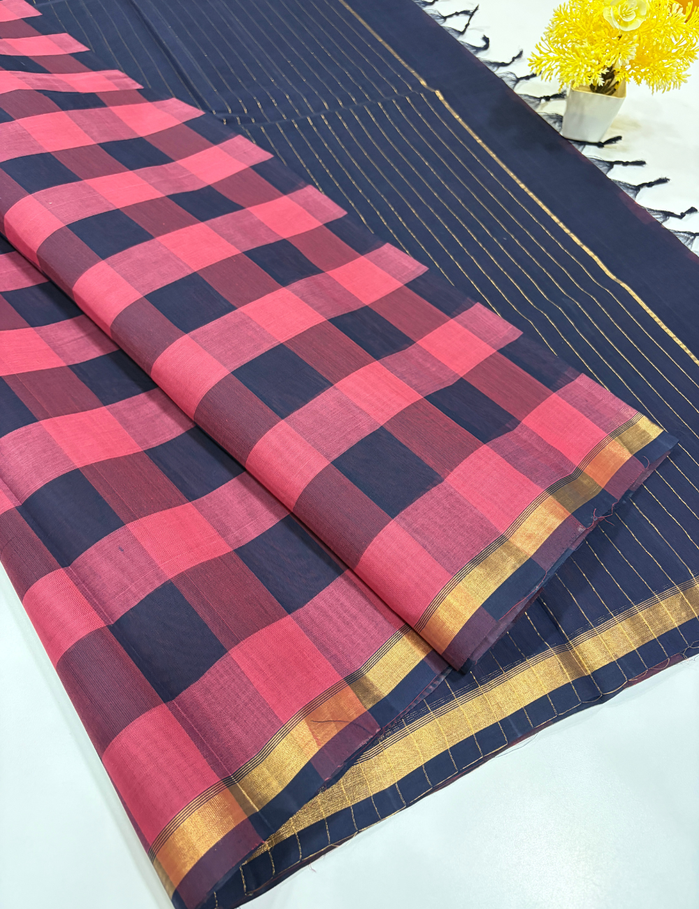 Negamam Pure Cotton Palum Pazhamum Checked Saree – Navy Blue & Pink