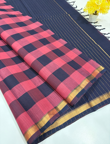 Negamam Pure Cotton Palum Pazhamum Checked Saree – Navy Blue & Pink