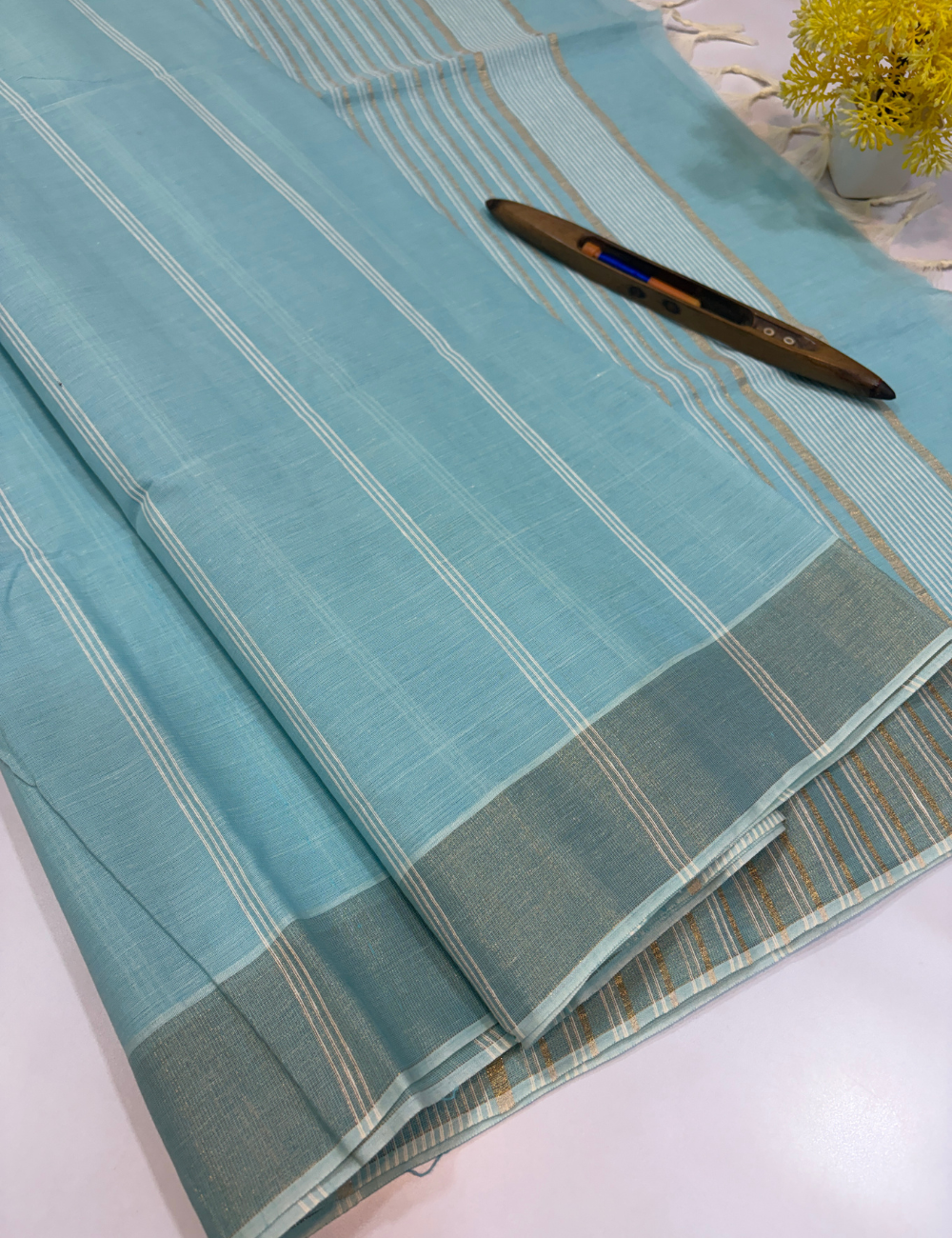 Negamam Pure Cotton Saree in Sky Blue with Stripes Design & Golden Zari Border | Self Colour Pallu & Blouse