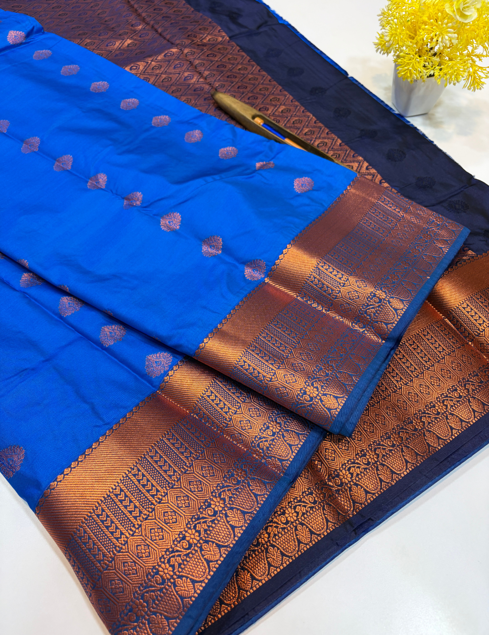 Kanchi Border Semi Soft Silk Saree – Royal Blue with Navy Blue