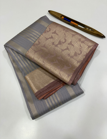 Steel Gray 50% Pure Mix Kanchi Silk Saree with Fancy Kanchi Border | Golden Brown Pallu & Blouse