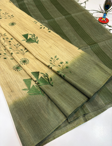 Golden Beige Soft Linen Embroidery Saree with Olive Green Contrast Border