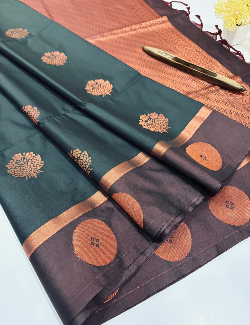 Semi Softsilk Saree with Contrast Border in Black and Deep Maroon