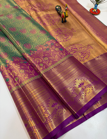 Semi Bridal Semi Silk Saree in Pista Green with Purple Korvai Border | Full Brocade Weaving | Aadithya Handlooms