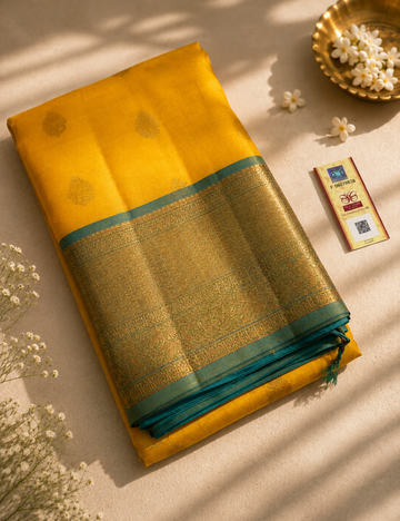 Yellow with Turquoise Green Pallu & Blouse Kanchi Border Handloom Pure Softsilk Saree with Silkmark