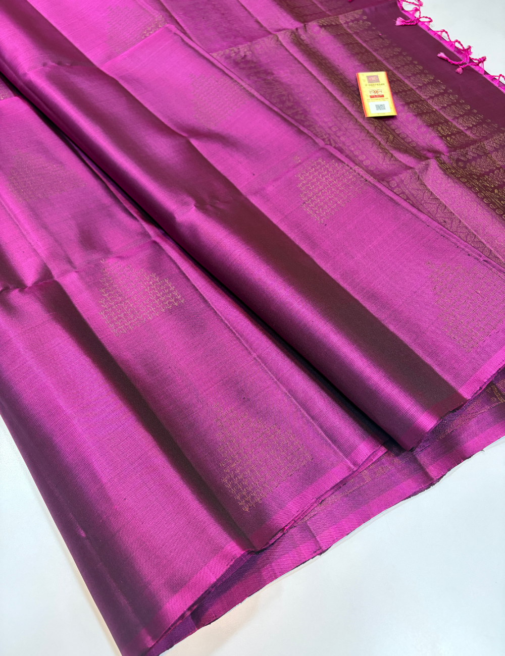 Deep Purple Handloom Pure Soft Silk Saree with Neem Jari Puttas | Borderless Design | Silk Mark Certified