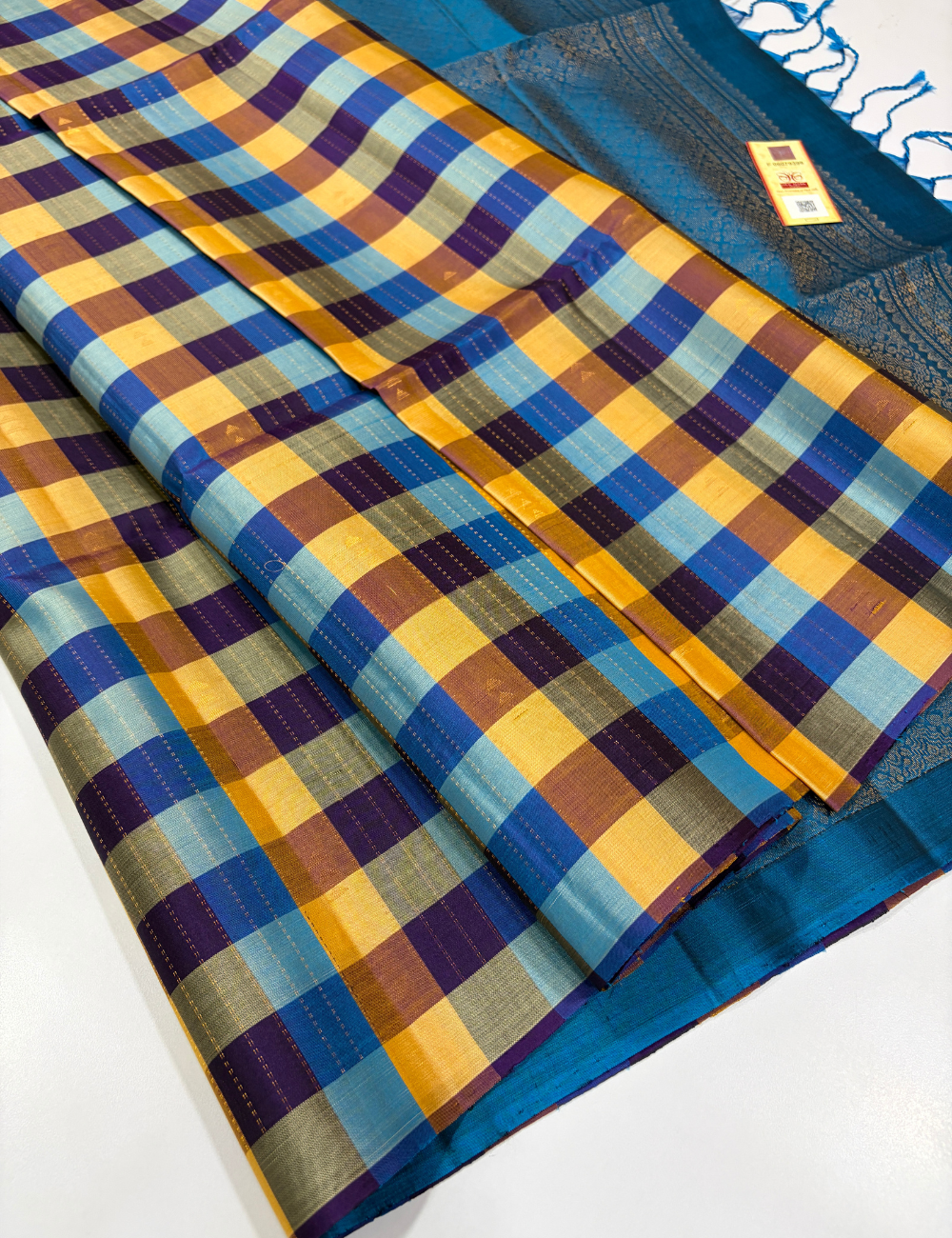 Handloom Pure Soft Silk Multicolor Mustard & Blue Checked Saree with Teal Blue Pallu | Silk Mark Certified