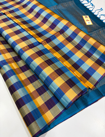Handloom Pure Soft Silk Multicolor Mustard & Blue Checked Saree with Teal Blue Pallu | Silk Mark Certified