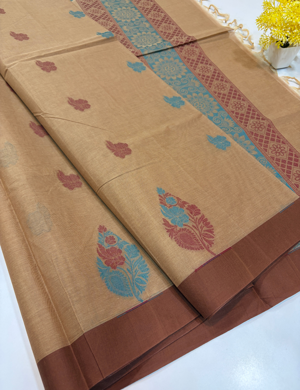 Negamam Pure Cotton Saree – Sandalwood Beige with Chocolate Brown Border