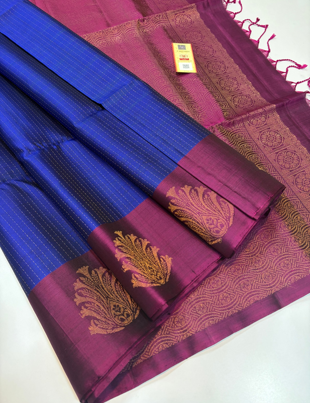 Vairaoosi Weaves Royal Blue Pure Soft Silk Saree with Magenta Purple Contrast Border & Pallu – Silk Mark Certified