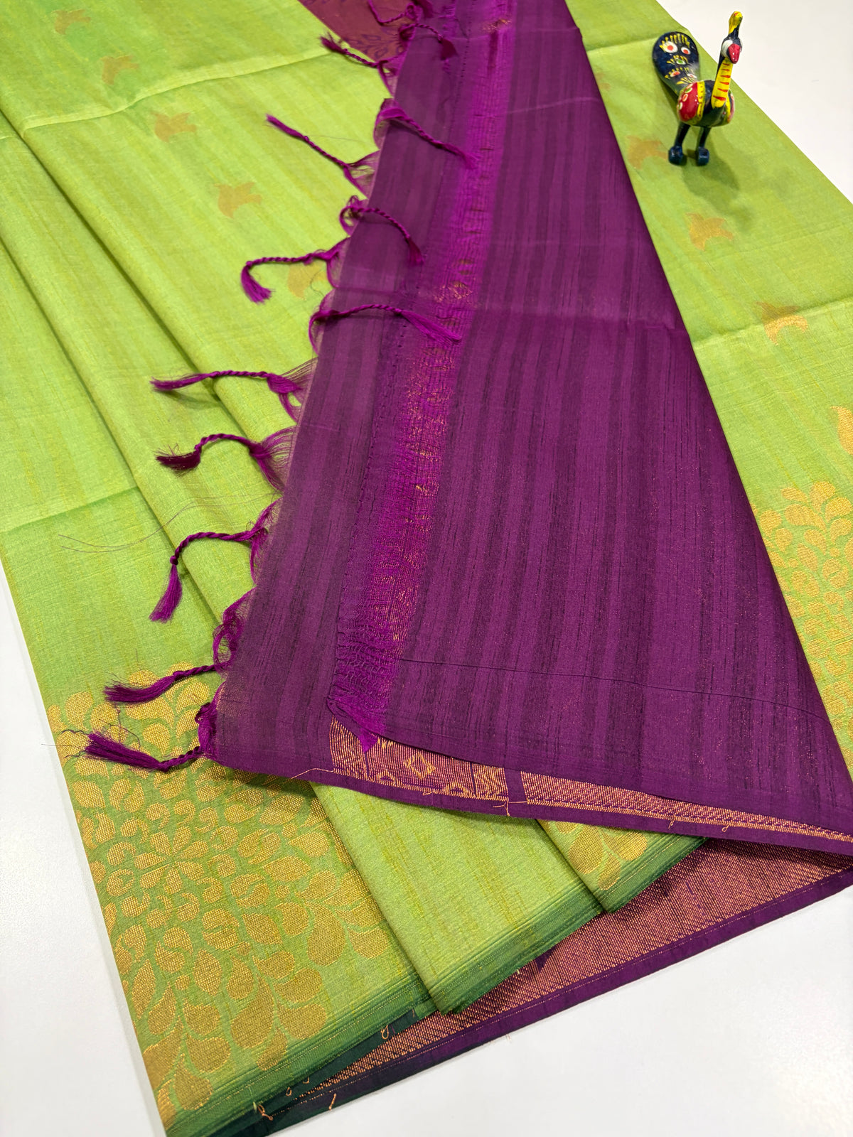 Pistachio Lime Green with Deep Wine Purple Semi Raw Softsilk Saree – Borderless Handloom Saree