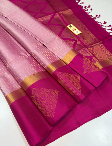 Light Pink Rain Drop Design Handloom Pure Soft Silk Saree with Dark Pink Contrast Border | Silk Mark Certified