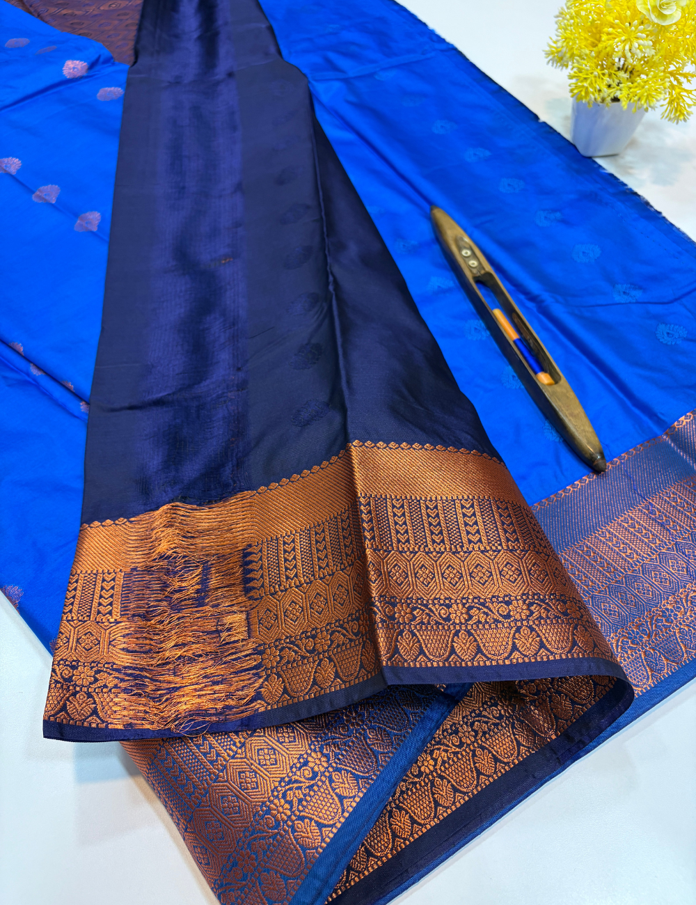 Kanchi Border Semi Soft Silk Saree – Royal Blue with Navy Blue