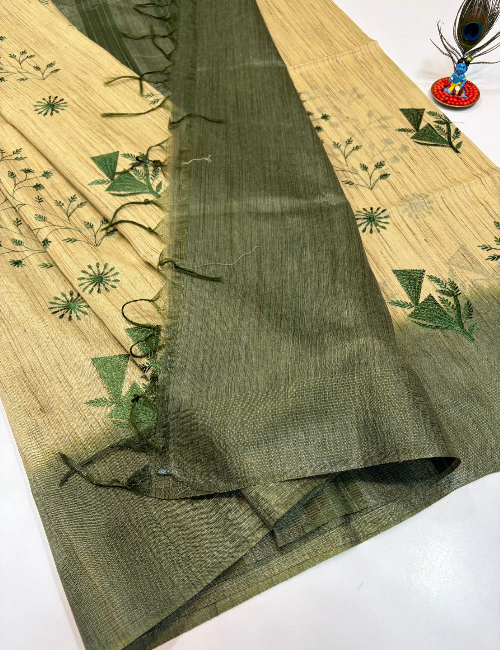 Golden Beige Soft Linen Embroidery Saree with Olive Green Contrast Border