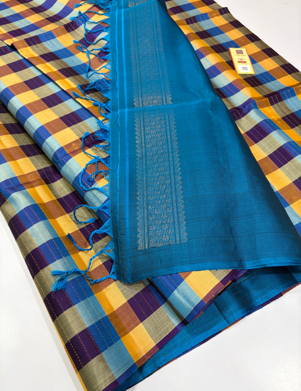 Handloom Pure Soft Silk Multicolor Mustard & Blue Checked Saree with Teal Blue Pallu | Silk Mark Certified
