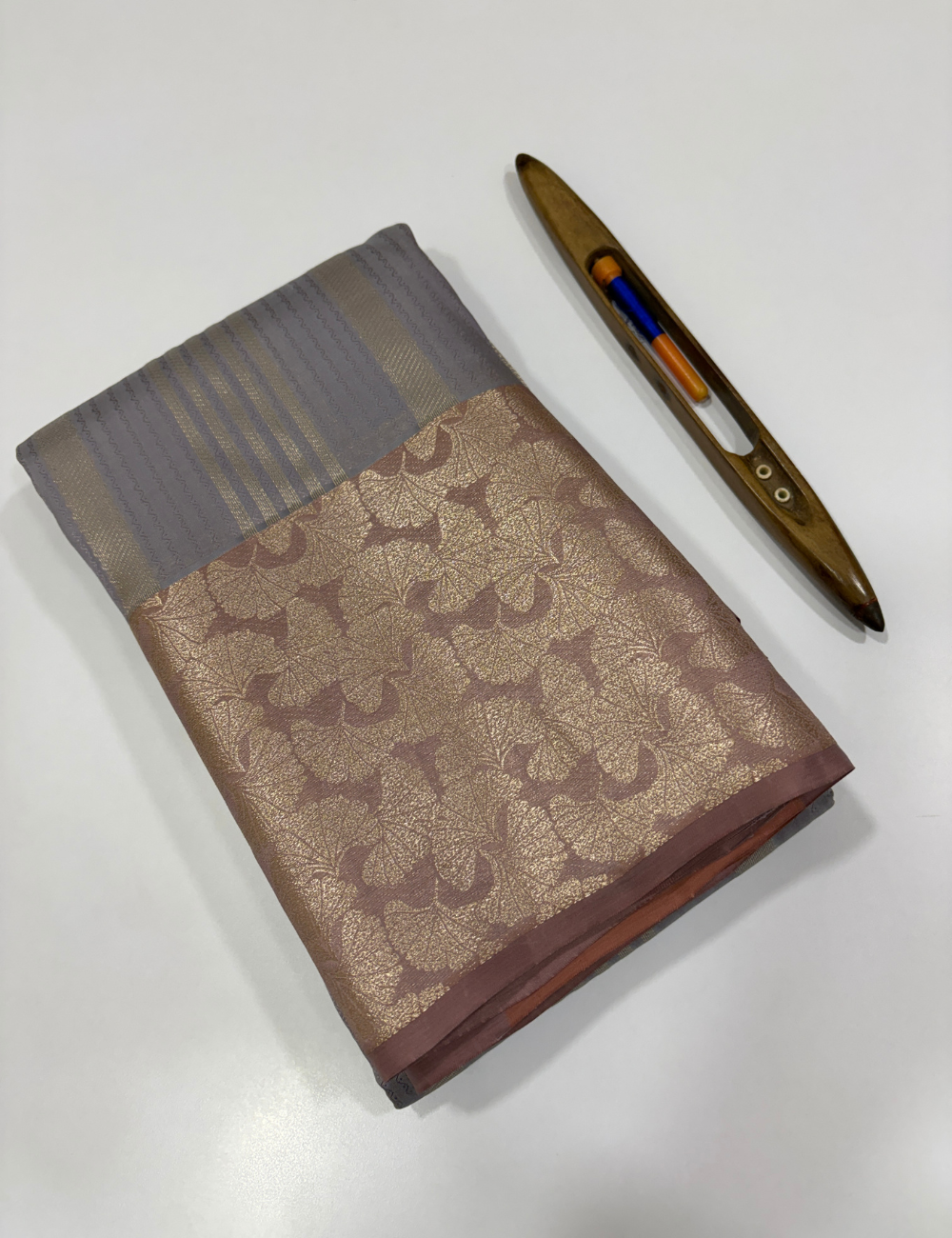 Steel Gray 50% Pure Mix Kanchi Silk Saree with Fancy Kanchi Border | Golden Brown Pallu & Blouse