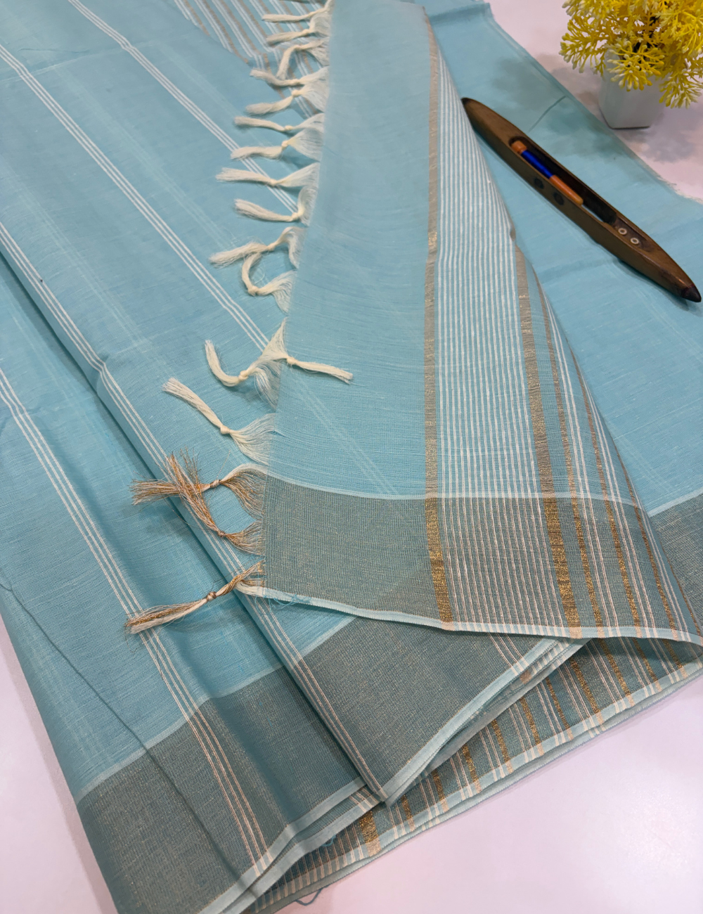 Negamam Pure Cotton Saree in Sky Blue with Stripes Design & Golden Zari Border | Self Colour Pallu & Blouse