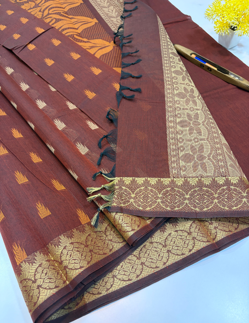 Negamam Pure Cotton Saree with Thread Butta Design & Self Colour Border | Plain Blouse Included
