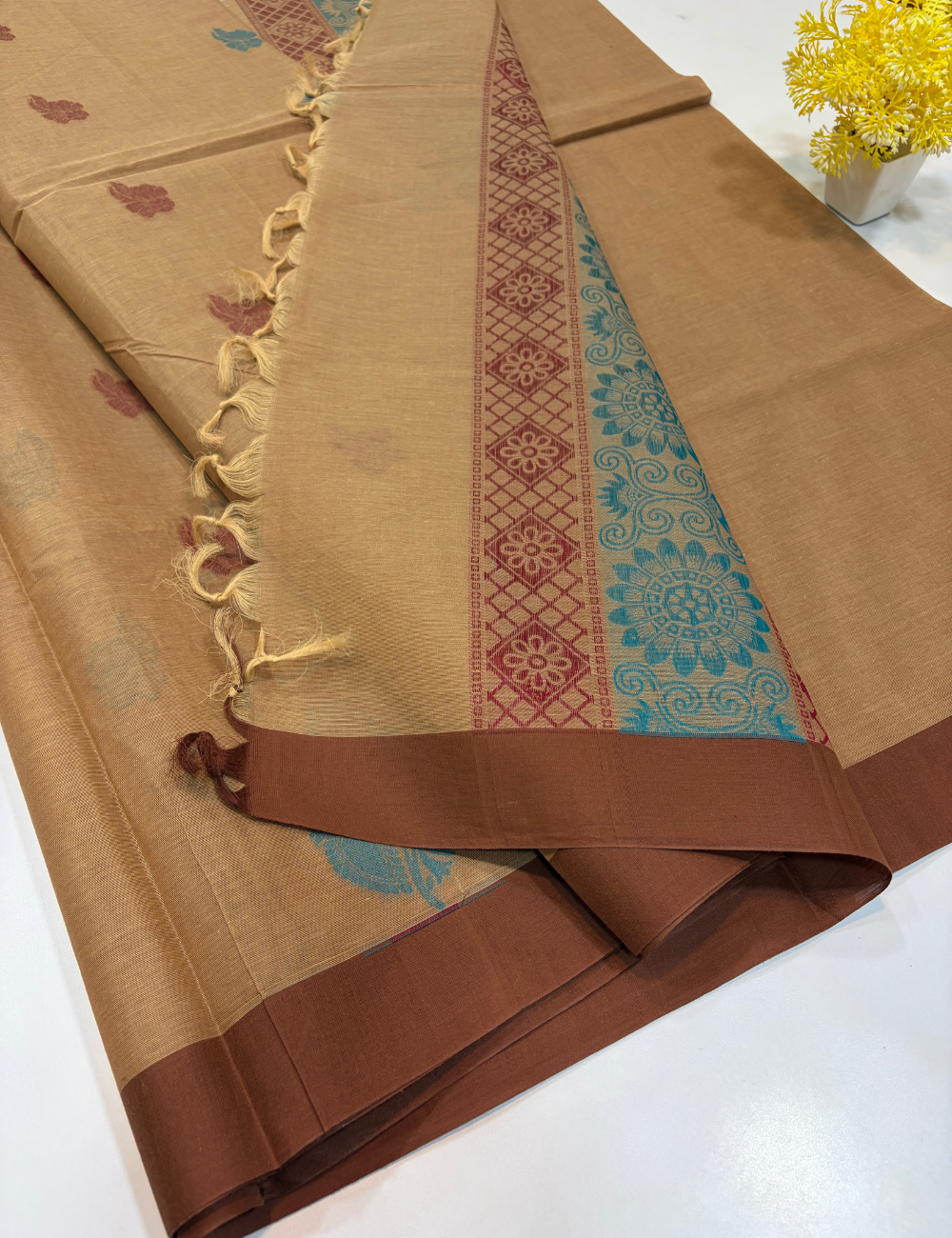 Negamam Pure Cotton Saree – Sandalwood Beige with Chocolate Brown Border