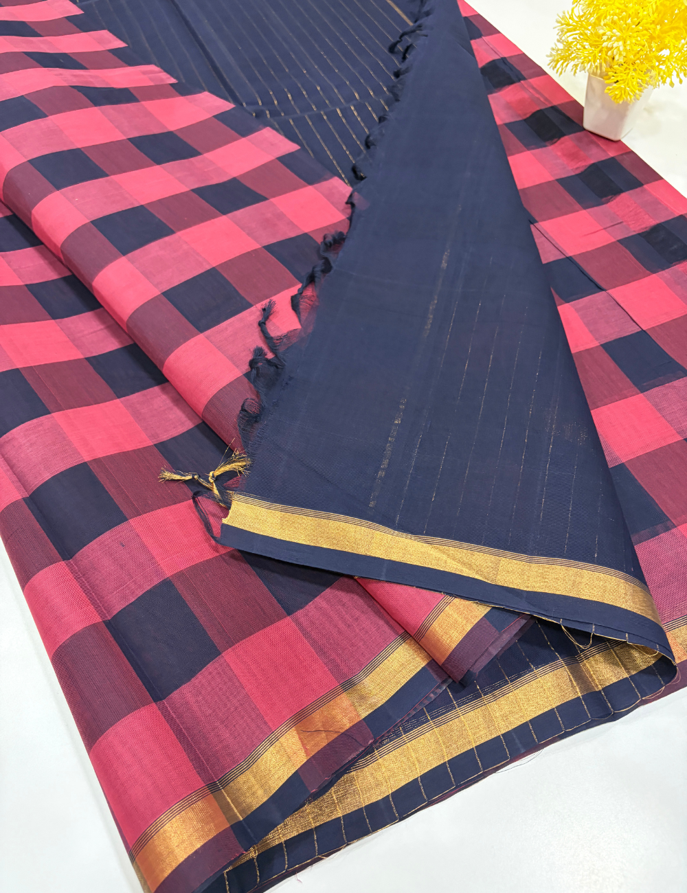 Negamam Pure Cotton Palum Pazhamum Checked Saree – Navy Blue & Pink