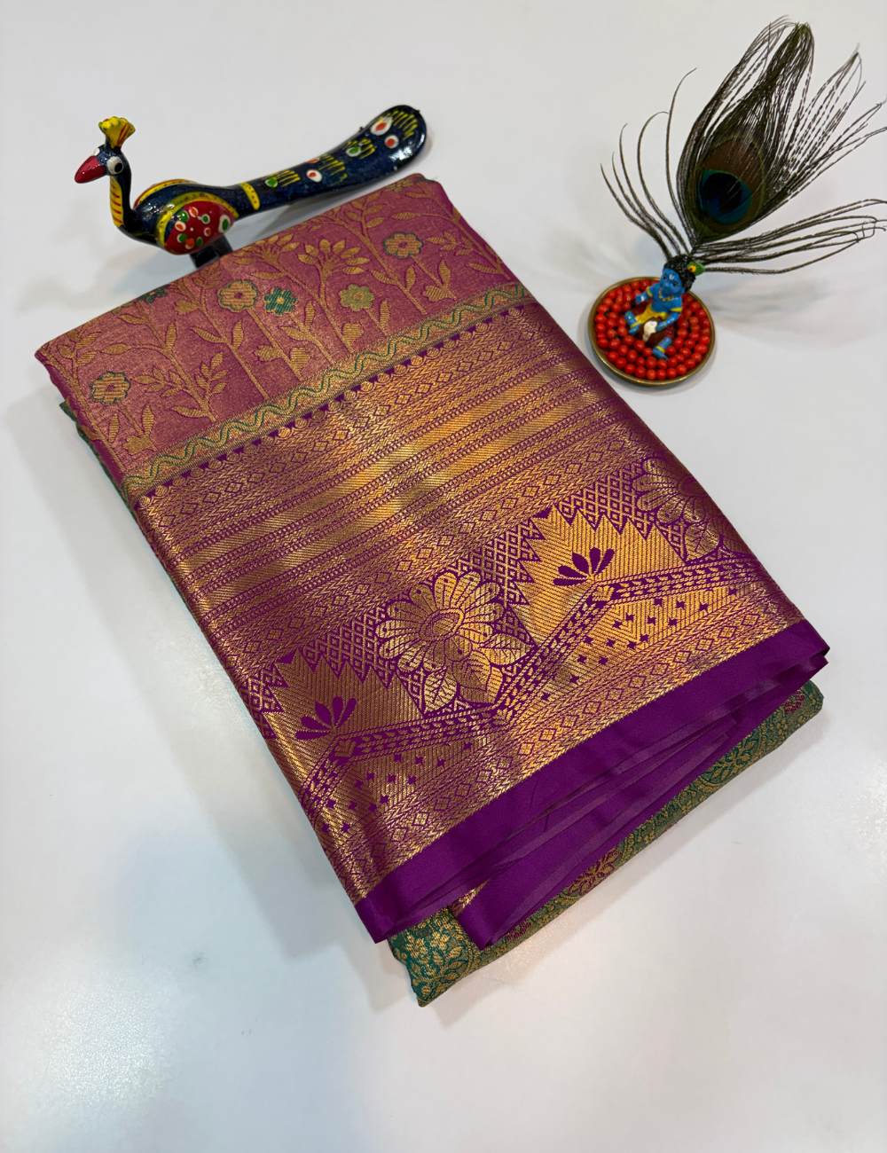 Semi Bridal Semi Silk Saree in Pista Green with Purple Korvai Border | Full Brocade Weaving | Aadithya Handlooms