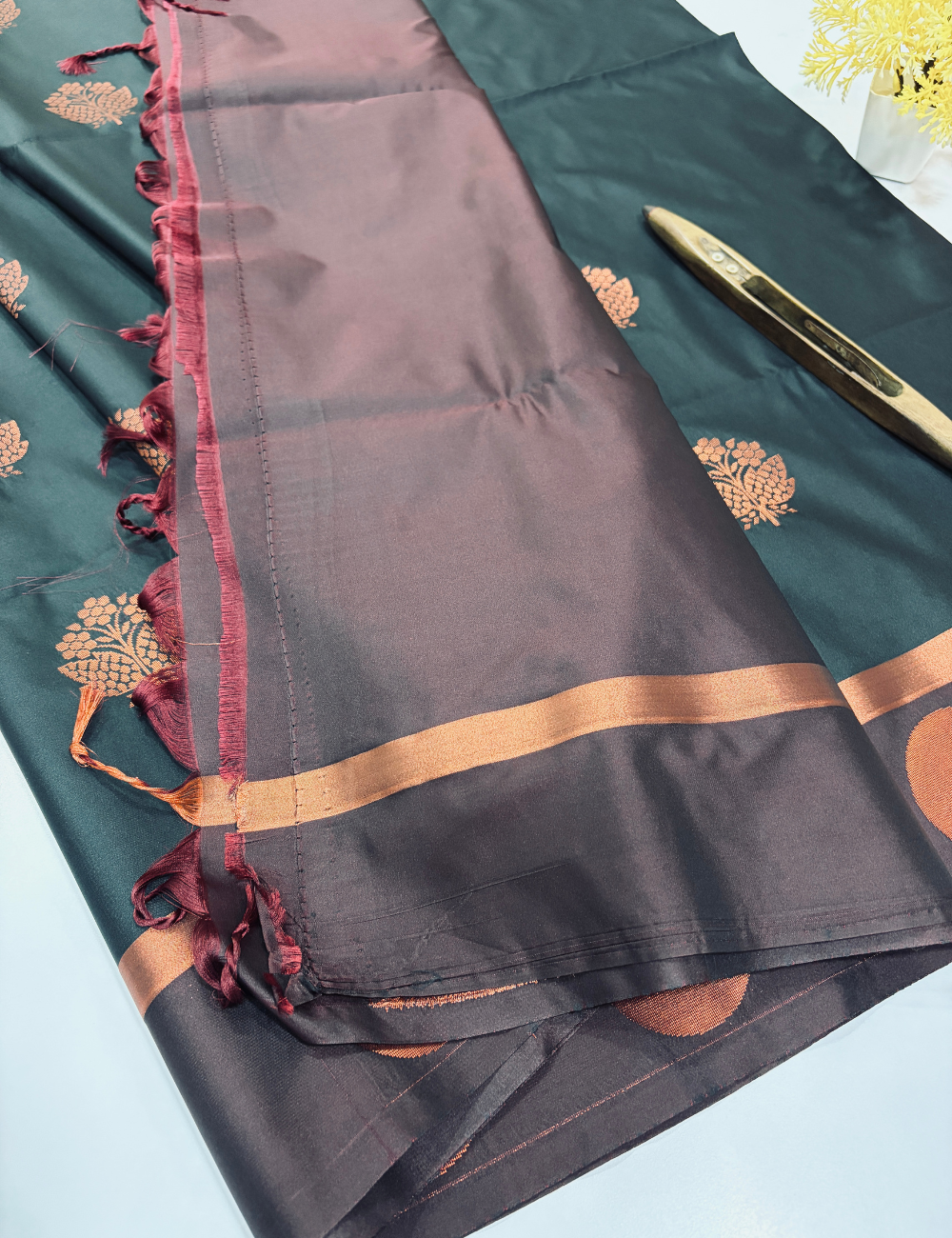 Semi Softsilk Saree with Contrast Border in Black and Deep Maroon