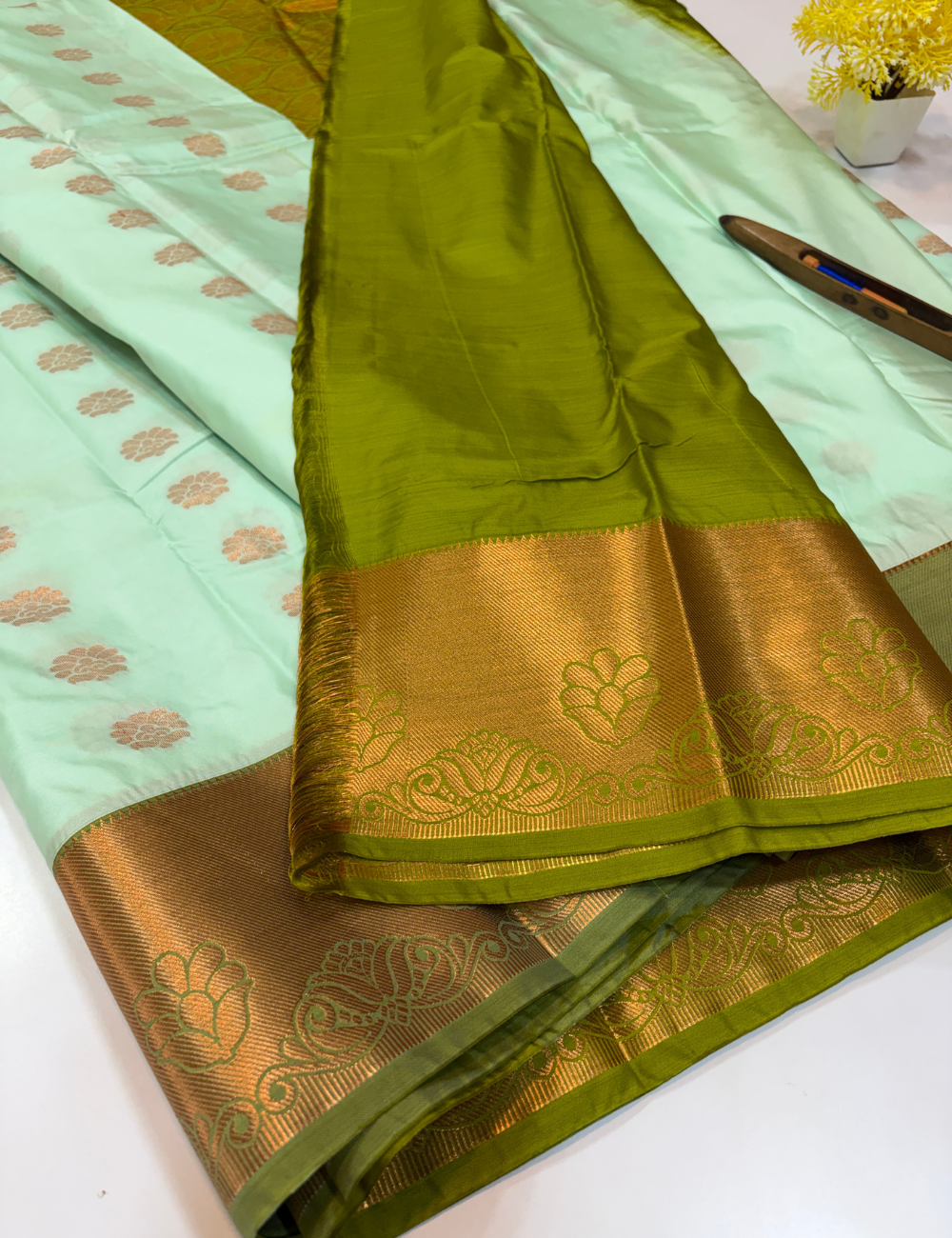 Handloom Ice Blue Semi Soft Silk Saree with Kanchi Border | Olive Green Pallu & Blouse