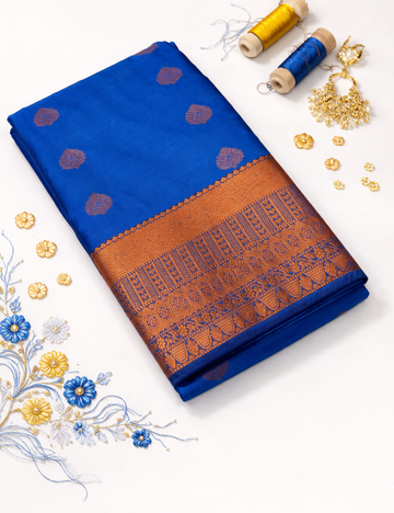 Kanchi Border Semi Soft Silk Saree – Royal Blue with Navy Blue