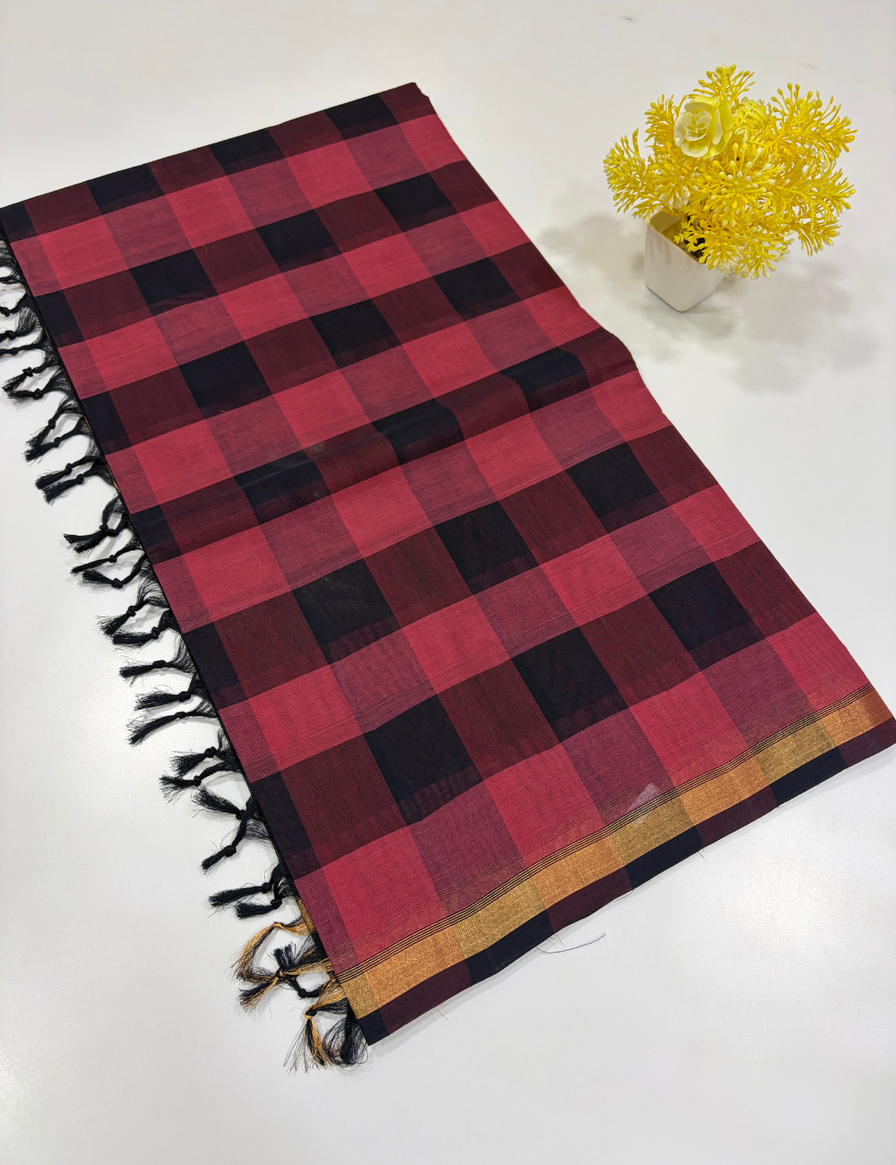 Negamam Pure Cotton Palum Pazhamum Checked Saree – Navy Blue & Pink