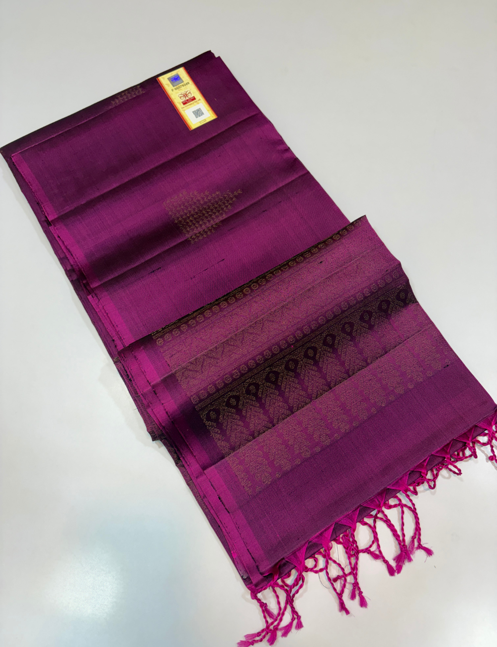Deep Purple Handloom Pure Soft Silk Saree with Neem Jari Puttas | Borderless Design | Silk Mark Certified