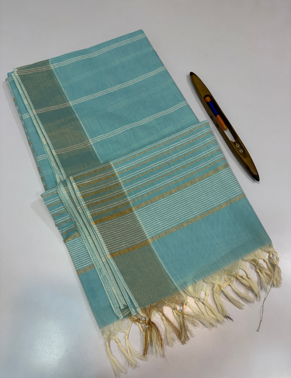 Negamam Pure Cotton Saree in Sky Blue with Stripes Design & Golden Zari Border | Self Colour Pallu & Blouse