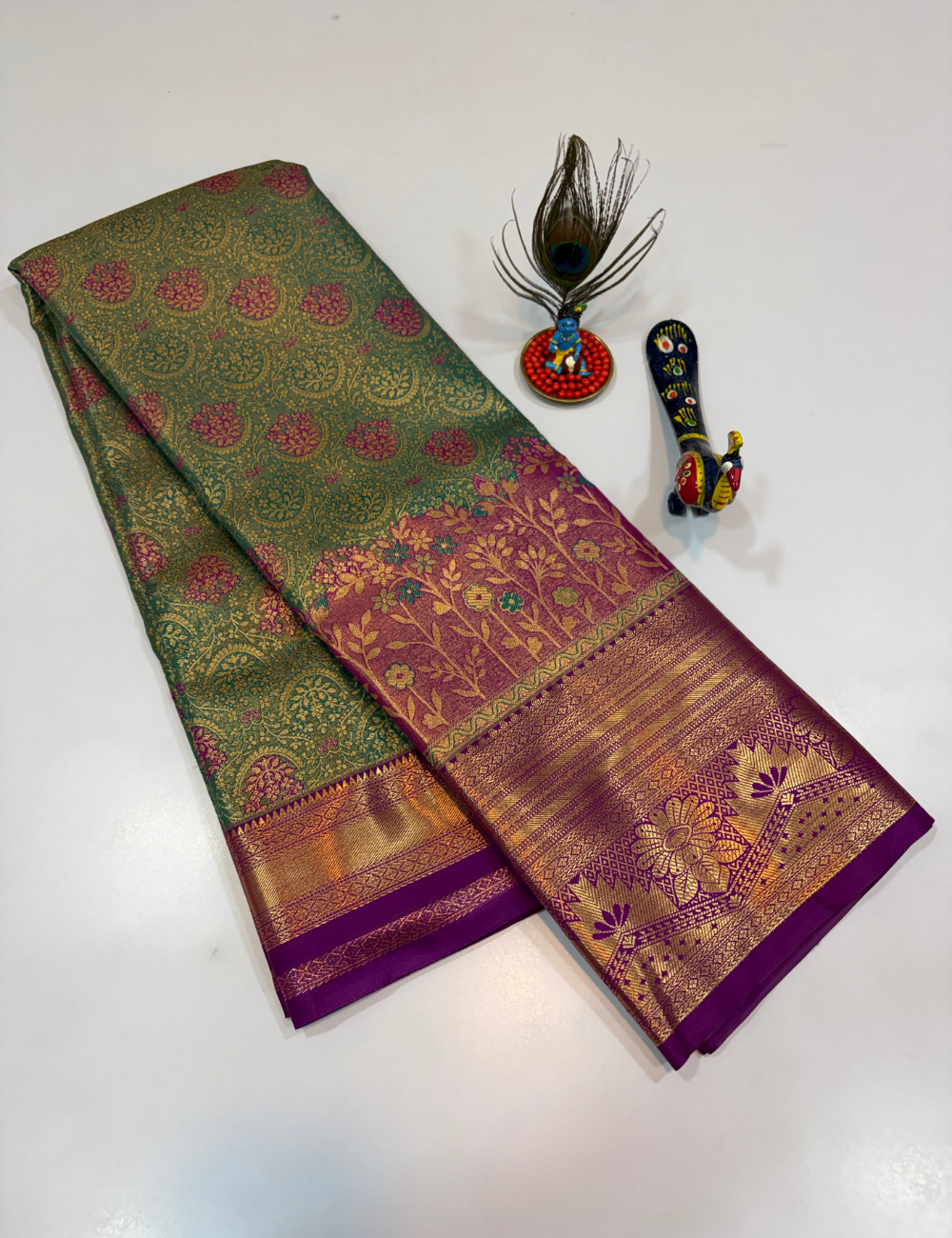 Semi Bridal Semi Silk Saree in Pista Green with Purple Korvai Border | Full Brocade Weaving | Aadithya Handlooms
