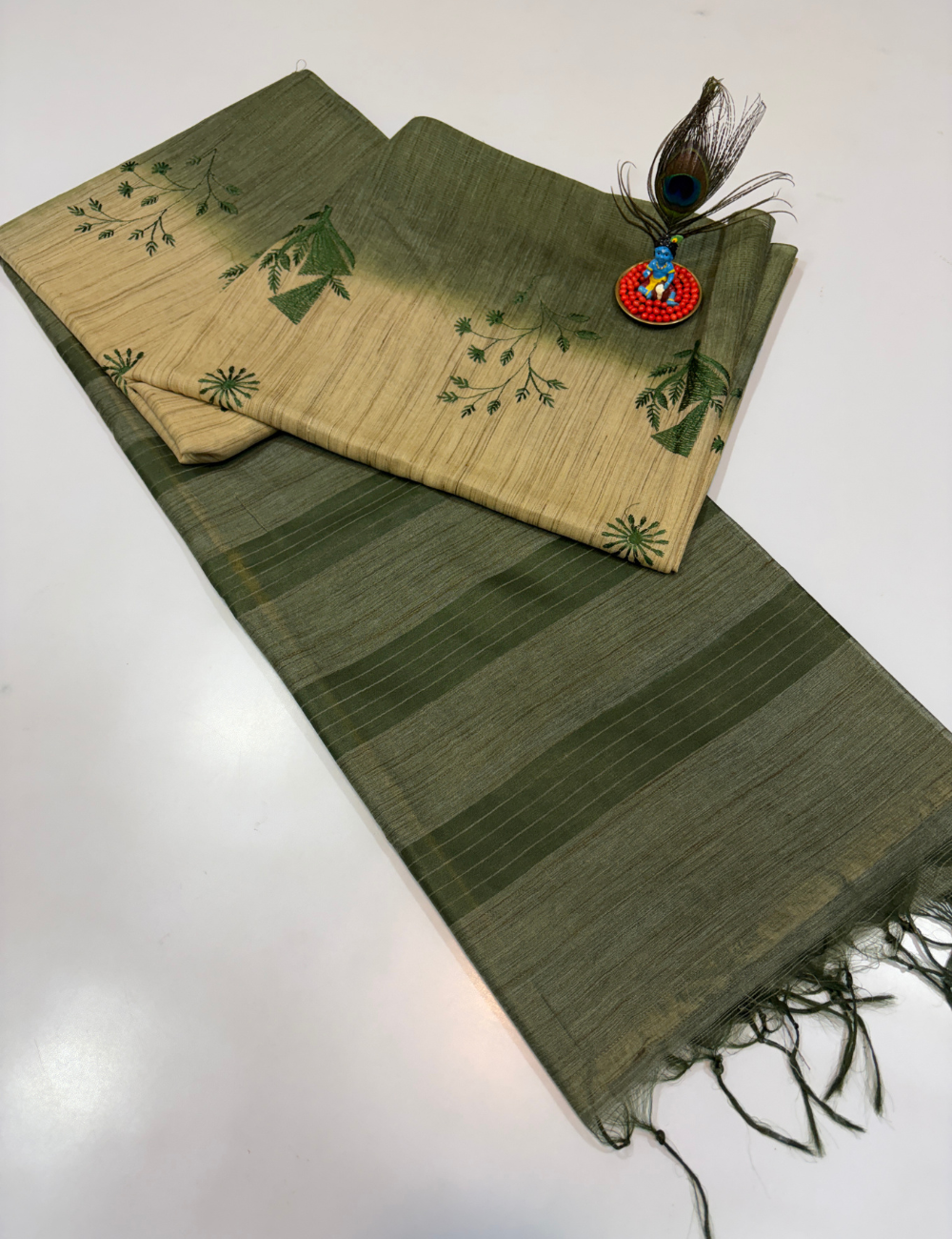 Golden Beige Soft Linen Embroidery Saree with Olive Green Contrast Border