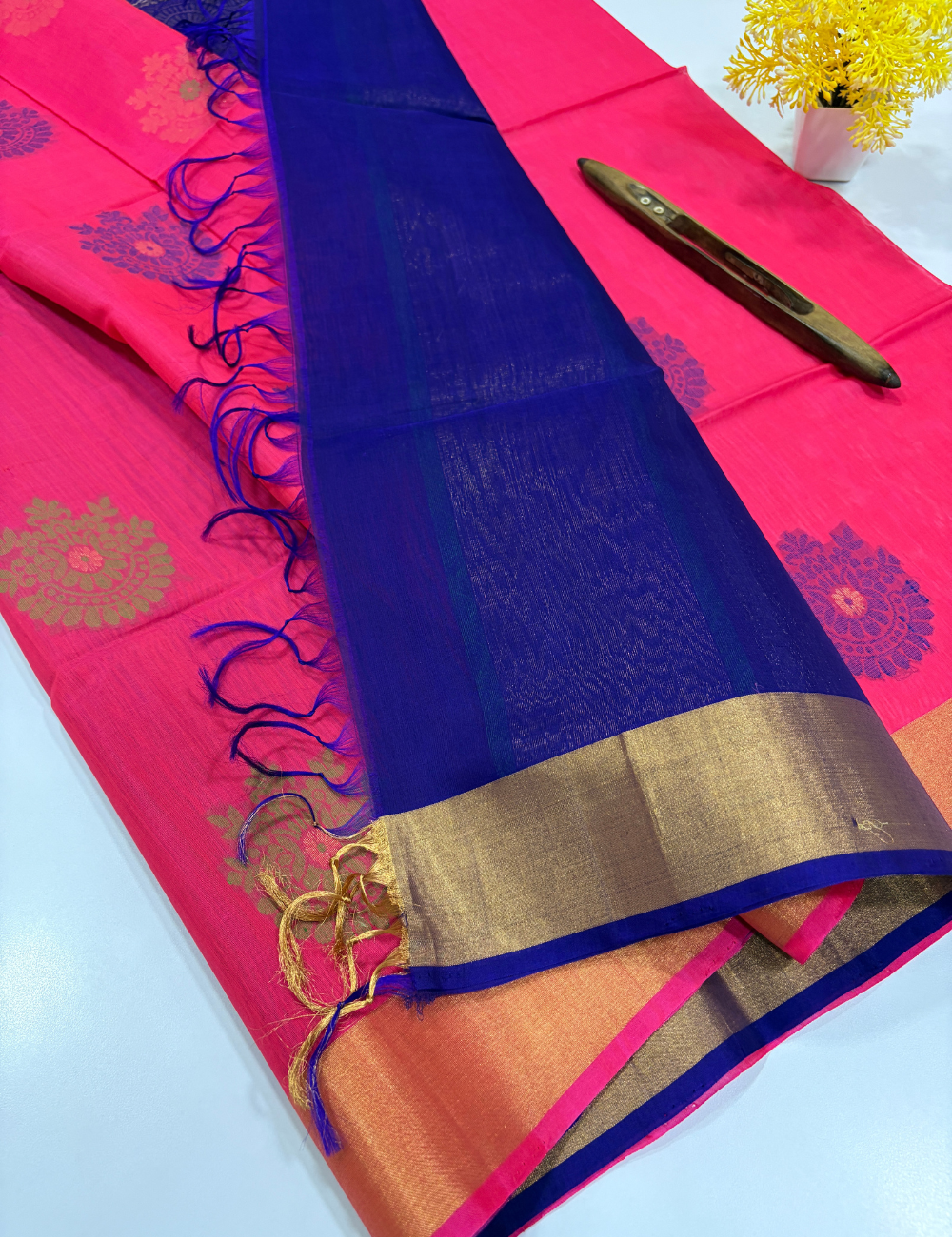 Handloom Pure Silkcotton Saree with Tissue Border – Rosepink & Royal Blue Elegance